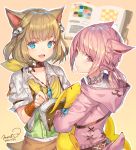  2girls :&lt; animal_ears bell belt blonde_hair blue_eyes book bracer braid cat_ears collar dated fang final_fantasy final_fantasy_xiv hair_bell hair_ornament holding hood jewelry khloe_aliapoh looking_at_viewer miqo&#039;te momoko_(momopoco) multiple_girls necklace open_book open_mouth pen pink_eyes pink_hair signature slit_pupils tail yellow_background 