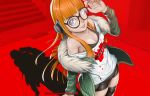  1girl adjusting_glasses breasts brown_hair cleavage erica_june_lahaie fur_collar glasses headphones jacket nail_polish parted_lips persona persona_5 red_background sakura_futaba short_shorts shorts solo thigh-highs 