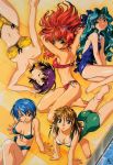  5girls artist_request ass bare_shoulders bikini blue_hair breasts brown_hair cleavage closed_eyes green_hair highres hirose_mariko kawai_rie long_hair looking_at_viewer looking_up lovers mizuno_makoto_(green) multiple_girls one-piece_swimsuit pool purple_hair redhead sakura_mayumi short_hair side-tie_bikini smile swimsuit violet_eyes 