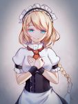  1girl blonde_hair blue_eyes braid corset cowboy_shot g36_(girls_frontline) girls_frontline grey_background jewelry long_hair looking_at_viewer maid_headdress necktie pantie_painting red_necktie ring shirt smile solo tears white_shirt 