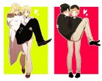  2boys 2girls beret black_hair blonde_hair blush carrying couple covering_face epaulettes frederica_greenhill ginga_eiyuu_densetsu hat heart hetero hildegard_von_mariendorf long_hair military military_uniform multiple_boys multiple_girls posssico princess_carry reinhard_von_lohengramm short_hair uniform yang_wen-li 