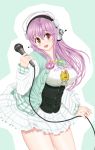  1girl blush breasts corset headphones highres jacket large_breasts long_hair long_sleeves looking_at_viewer microphone miniskirt mio_yuki nitroplus open_clothes open_jacket open_mouth pink_hair red_eyes skirt smile solo super_sonico 