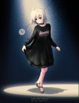  1girl ai_(re:lief) black_background black_dress black_shoes blush character_name closed_mouth clothes_writing company_name copyright_name dress english full_body head_tilt long_sleeves mary_janes re:lief_~shin&#039;ai_naru_anata_e~ shoes side_ponytail silver_hair simple_background skirt_hold smile solo technoheart violet_eyes 
