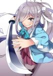  1girl ahoge asashimo_(kantai_collection) bow bowtie fang gradient gradient_background grey_eyes grey_hair hair_over_one_eye headband holding holding_sword holding_weapon japanese_clothes kantai_collection katana kusano_(torisukerabasu) last_blade long_hair long_sleeves looking_at_viewer multicolored_hair pantyhose ponytail purple_background purple_hair purple_legwear remodel_(kantai_collection) school_uniform shinsengumi solo sword teeth weapon white_background wide_sleeves 