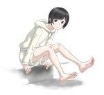  1girl androgynous arm_support bare_legs barefoot black_hair feet highres hood hoodie shadow shinatose_izana short_hair shorts sidonia_no_kishi smile soles solo souji_kurokawa toes violet_eyes white_background 