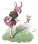  2girls :/ animal_ears backpack bag black_legwear black_shirt blonde_hair blue_dress blush brown_hair butterfly clenched_hands closed_eyes crossed_arms dress fairy fairy_wings flower frown grass green_eyes highres kagawa_yuusaku leaf leaning_forward long_hair looking_at_another multiple_girls open_mouth original plaid plaid_skirt pleated_skirt rabbit_ears red_shoes rock shirt shoes shorts skirt sleeveless sleeveless_dress socks standing thigh-highs white_background white_legwear wings yellow_shorts 