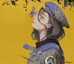  1girl ana_(overwatch) beret black_hair blue_coat butterfly coat dark_skin emblem facial_tattoo frown_(wonderland85711) hat lips logo long_hair looking_at_viewer overwatch parted_lips profile signature solo tattoo upper_body yellow_eyes younger 
