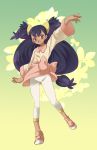  1girl arm_up black_hair brown_eyes capri_pants dark_skin hair_ornament hairclip highres iris_(pokemon) leggings long_hair low_ponytail open_mouth pants pokemon pokemon_(game) pokemon_bw shirt shoes solo twintails two_side_up very_long_hair 