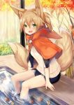  1girl :d absurdres animal_ears arm_support autumn_leaves bike_shorts blush brown_hair capelet day fang forest fox_ears fox_girl fox_tail green_eyes haik highres jacket kokonoe_tsubaki looking_at_viewer multiple_tails nature open_mouth original partially_submerged ponytail sidelocks sitting smile solo tail two_tails white_jacket 