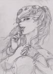  1girl bodysuit breasts bullet center_opening ears gloves head_mounted_display highres holding licking lips long_hair looking_at_viewer medium_breasts monochrome naughty_face nose open_mouth overwatch ponytail portrait simple_background sketch solo tongue tongue_out vertutame very_long_hair visor widowmaker_(overwatch) 