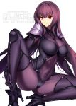  1girl bodysuit breasts closed_mouth commentary_request cover cover_page covered_navel covered_nipples doujin_cover fate/grand_order fate_(series) harukon_(halcon) high_heels impossible_clothes large_breasts long_hair looking_away pauldrons purple_hair red_eyes scathach_(fate/grand_order) smile solo spread_legs very_long_hair white_background 