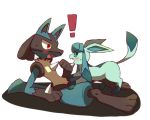  ! blush eye_contact glaceon looking_at_another lucario open_mouth pokemon shadow shiwo_(siwosi) simple_background sweatdrop white_background 