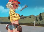  1girl belt black_gloves blonde_hair bra breasts cidney_aurum commentary cropped_jacket denim denim_shorts dirty final_fantasy final_fantasy_xv gloves green_eyes hat kuroonehalf midriff road short_hair short_shorts shorts sideboob solo tan tanline underwear utility_belt wrench 