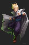 1boy blonde_hair boots brown_boots cape clenched_hands dragon_ball dragon_ball_z full_body green_eyes male_focus shoulder_pads signature solo son_gohan sun_stark super_saiyan wristband 