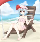  1girl alternate_costume bare_arms bare_legs bare_shoulders barefoot beach beach_chair beach_umbrella bikini blue_hair blush closed_mouth clouds cloudy_sky collarbone cup day drinking_glass flat_chest full_body hat hat_ribbon highres holding_glass knees_together_feet_apart layered_bikini looking_at_viewer mob_cap navel outdoors pink_bikini red_eyes red_ribbon remilia_scarlet ribbon short_hair sitting sky smile solo stomach surota swimsuit touhou umbrella wine_glass 
