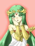 1girl :o armlet bangs blush breasts choker cleavage dress fingernails forehead_jewel gem goddess green_eyes green_hair hands_on_own_face jewelry kid_icarus kid_icarus_uprising large_breasts long_hair namaixy necklace nintendo palutena parted_bangs pendant side_slit strapless strapless_dress surprised swept_bangs tiara vambraces very_long_hair 