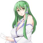  1girl :o bangs bare_shoulders blush breasts cleavage detached_sleeves frog_hair_ornament from_side green_eyes green_hair hair_ornament hair_tubes japanese_clothes kochiya_sanae large_breasts long_hair long_sleeves looking_at_viewer miko ofuda shirt sidelocks sleeveless sleeveless_shirt snake_hair_ornament solo surota touhou triangle_mouth upper_body white_background white_shirt wide_sleeves 