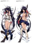 1girl absurdly_long_hair bed_sheet black_hair blue_legwear blue_skirt breasts cleavage fingerless_gloves gloves groin hair_ornament hair_over_one_eye highres holding holding_weapon ikkitousen kan&#039;u_unchou kurashima_tomoyasu large_breasts long_hair looking_at_viewer low-tied_long_hair lying maid_headdress navel on_back on_side open_clothes open_skirt panties pleated_skirt polearm red_gloves ribbon shirt sideboob skirt torn_clothes torn_shirt torn_skirt underwear very_long_hair weapon white_legwear white_panties 