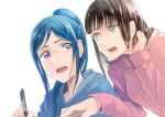  2girls artist_request black_hair blue_hair frown green_eyes hand_in_hair highres hime_cut hood hoodie kurosawa_dia long_hair looking_at_another love_live! love_live!_sunshine!! matsuura_kanan mole mole_under_mouth multiple_girls open_mouth pen ponytail upper_body violet_eyes white_background 