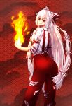  1girl arched_back arm_at_side ass bangs blhe blunt_bangs bow breasts collared_shirt fire fireball flame from_behind fujiwara_no_mokou hair_bow highres light_smile long_hair looking_to_the_side medium_breasts pants red_background red_eyes red_pants seigaiha shirt sleeve_rolled_up solo suspenders touhou very_long_hair white_hair white_shirt 