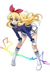  1girl :d aikatsu! bent_over blonde_hair boots eyebrows eyebrows_visible_through_hair full_body hair_ribbon hands_on_own_knees highres hoshimiya_ichigo jacket knee_boots long_hair long_sleeves looking_at_viewer open_mouth pleated_skirt red_eyes red_ribbon ribbon school_uniform simple_background skirt smile solo white_background white_skirt yumekaranigeruna 