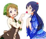  2girls :d bangs blue_hair brown_eyes brown_hair candy_apple candy_apple_hair_ornament clenched_hands earrings feeding food_in_mouth hair_ornament hairpin hands_on_own_chest head_scarf heart_hair_ornament highres icehotmilktea japanese_clothes jewelry kimono koizumi_hanayo long_hair love_live! love_live!_school_idol_festival love_live!_school_idol_project multiple_girls obi open_mouth sash short_hair side_bun simple_background smile sonoda_umi violet_eyes white_background 