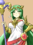  &gt;:) 1girl armlet bangs belt blush breasts choker cowboy_shot dress fingernails forehead_jewel fume gem goddess green_eyes green_hair holding jewelry kid_icarus kid_icarus_uprising large_breasts long_hair multiple_belts namaixy necklace nintendo palutena parted_bangs pendant side_slit smile solo staff strapless strapless_dress swept_bangs tiara vambraces very_long_hair 