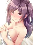  1girl bangs bed_sheet blanket blush breasts cleavage closed_mouth collarbone colored_eyelashes eyebrows eyebrows_visible_through_hair fingernails from_above hagikaze_(kantai_collection) highres kamelie kantai_collection long_hair looking_at_viewer medium_breasts nude on_bed one_side_up purple_hair simple_background smile upper_body white_background 