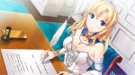  1girl blonde_hair blue_eyes breasts cleavage dutch_angle game_cg highres kenseiki_alpha_ride letiola_(kenseiki_alpha_ride) looking_at_viewer princess quill solo table tiara writing 