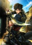  1boy artist_request black_hair fire_emblem fire_emblem:_kakusei fire_emblem_cipher fur_trim high_collar highres holding holding_weapon looking_at_viewer male_focus ronku solo sword weapon 