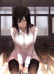  1girl bangs black_hair black_pants breasts chair classroom collarbone commentary_request desk dress_shirt eisuto grey_eyes highres indoors large_breasts light_particles long_hair long_sleeves looking_at_viewer on_desk original pants parted_lips school_uniform shirt sidelocks sitting sitting_on_desk solo sunlight v_arms white_shirt 