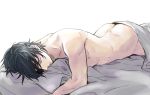  1boy abs ass bed_sheet black_hair bloom butt_crack eyepatch hinako-saeki lying male_focus naked_sheet nude on_stomach pillow shokudaikiri_mitsutada simple_background sleeping solo touken_ranbu white_background 