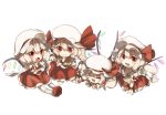  &gt;_&lt; 4girls :d ascot blonde_hair blush bow chibi closed_eyes crystal dress fang flandre_scarlet four_of_a_kind_(touhou) full_body hat hat_ribbon looking_at_viewer mob_cap multiple_girls no-kan open_mouth puffy_short_sleeves puffy_sleeves red_bow red_dress red_eyes red_ribbon red_shoes ribbon shoes short_sleeves side_ponytail smile socks touhou white_legwear wings wristband xd 
