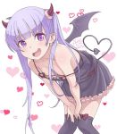  1girl 2016 bangs bare_shoulders bent_over black_legwear blush dated demon_tail demon_wings downblouse eyebrows eyebrows_visible_through_hair fang frills hands_on_own_knees heart heart_tail horns long_hair looking_at_viewer new_game! off_shoulder open_mouth purple_hair rkrk signature solo strap_slip suzukaze_aoba tail thigh-highs twintails v_arms violet_eyes wings 