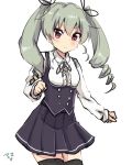  1girl alternate_costume amano_kouki anchovy bangs black_legwear blush buttons dress drill_hair girls_und_panzer hair_ribbon highres long_hair long_sleeves looking_at_viewer overalls red_eyes ribbon shirt simple_background solo thigh-highs twin_drills twintails white_background white_shirt 
