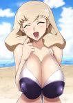  1girl absurdres bikini blonde_hair bnc_(bunshi) breasts cleavage closed_eyes female highres huge_breasts looking_at_viewer mizuki_rei smile solo swimsuit time_travel_shoujo 