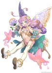  1girl anklet antennae aqua_eyes artist_request breasts butterfly butterfly_wings character_request cleavage copyright_request flower full_body hair_flower hair_ornament halter_top halterneck jewelry long_hair low-tied_long_hair navel open_mouth purple_hair simple_background solo symbol-shaped_pupils thigh-highs twintails under_boob white_background white_legwear wings 