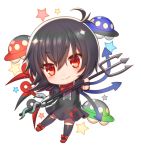  1girl ahoge asymmetrical_wings black_dress black_hair black_legwear bow bowtie chibi dress eyebrows eyebrows_visible_through_hair hair_between_eyes houjuu_nue kikugetsu looking_at_viewer lowres polearm puffy_short_sleeves puffy_sleeves red_bow red_bowtie red_eyes red_shoes shoe_bow shoes short_sleeves simple_background smile snake solo star touhou trident ufo weapon white_background wings wristband 