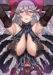  1girl armband armpits arms_behind_head arms_up bangs bare_shoulders belt between_breasts blush breasts closed_mouth curtains deras detached_sleeves eyelashes floating_object gauntlets granblue_fantasy hair_between_eyes hat indoors lace_trim large_breasts light_particles long_hair looking_at_viewer magisa_(granblue_fantasy) pink_lips red_eyes silver_hair smile solo sweat upper_body window 