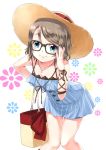  1girl adjusting_glasses anchor_necklace bag bangs blue_eyes breasts brown_hair cleavage dress floral_background glasses grey_hair handbag hat highres jewelry knees_together leaning_forward love_live! love_live!_sunshine!! necklace ribbon rin2008 short_hair smile solo striped sun_hat swept_bangs vertical-striped_dress vertical_stripes watanabe_you wrist_ribbon 
