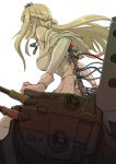  1girl blonde_hair boushi-ya braid breasts cable cannon chair crown cyborg french_braid from_below from_side hat kantai_collection long_hair looking_away machinery simple_background turret warspite_(kantai_collection) white_background wire 
