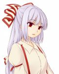  1girl arm_garter bow eyebrows eyebrows_visible_through_hair fujiwara_no_mokou hair_bow hair_ribbon juliet_sleeves long_hair long_sleeves looking_at_viewer miyo_(ranthath) parted_lips puffy_sleeves red_eyes ribbon shirt silver_hair simple_background solo suspenders touhou tress_ribbon upper_body white_background white_shirt 