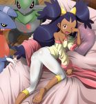  1girl absurdres ass barefoot bed bed_sheet brown_hair dark_skin fraxure gabite highres iris_(pokemon) long_hair mm_(pixiv2899112) off_shoulder pillow pokemon pokemon_(anime) tears very_long_hair waking_up wiping_eyes 