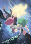  2girls :d bag black_legwear black_shoes blonde_hair blurry blush breasts brown_hair cardigan clouds depth_of_field dutch_angle falling full_body green_eyes green_skirt hair_ornament hair_scrunchie hairband handbag highres holding holding_hands kagawa_yuusaku long_skirt long_sleeves looking_at_viewer mary_janes medium_breasts multiple_girls night open_cardigan open_clothes open_mouth original pink_shirt pleated_skirt pointing ponytail red_skirt school_uniform scrunchie serafuku shirt shoes signature skirt sky smile socks thigh-highs tree violet_eyes water white_legwear 