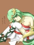  1girl armlet bangs blush breast_press breasts choker cleavage crying drawing dress fingernails frilled_legwear frown gem goddess green_eyes green_hair high_heels jewelry kid_icarus kid_icarus_uprising large_breasts long_hair mismatched_footwear namaixy necklace nintendo palutena parted_bangs pendant sad sandals side_slit sitting spiral strapless strapless_dress swept_bangs tears thigh-highs tiara translation_request vambraces very_long_hair 