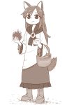  1girl animal_ears apple bangs basket boots brooch carrying dress eating food frilled_dress frilled_sleeves frills fruit full_body grass highres holding holding_fruit imaizumi_kagerou jewelry layered_dress long_hair monochrome poronegi solo standing tail touhou wolf_ears wolf_tail 