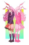  2girls absurdres animal_ears blazer dual_persona expressionless gradient gradient_background grey_shoes highres jacket long_hair long_sleeves multicolored_background multiple_girls necktie pink_eyes pink_hair pink_skirt pleated_skirt purple_jacket purple_legwear rabbit_ears red_eyes red_necktie reisen_udongein_inaba shoes sidelocks skirt smile tanuk touhou v_arms 