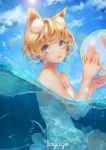  1girl \||/ absurdres animal_ears ball beachball blonde_hair blue_eyes day eyebrows eyebrows_visible_through_hair fox_ears highres lens_flare lips looking_at_viewer original parted_lips partially_submerged sai_ichirou short_hair slit_pupils solo sparkle swimming swimsuit swimsuit_skirt water white_swimsuit 