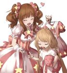  2girls :3 :d ^_^ blonde_hair brown_hair closed_eyes dress futaba_anzu heart highres idolmaster idolmaster_cinderella_girls long_hair moroboshi_kirari multiple_girls open_mouth scrunchie shirt sketch smile stuffed_animal stuffed_bunny stuffed_toy sweatdrop twintails 