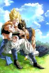  2boys black_hair blonde_hair blood bloody_clothes blue_sky boots bruise clouds dougi dragon_ball dragon_ball_z earrings gloves gogeta grass green_eyes highres indian_style injury jewelry kim_yura_(goddess_mechanic) male_focus multiple_boys muscle potara_earrings signature sitting sky spiky_hair super_saiyan torn_clothes vegetto vest white_boots white_gloves zzz 